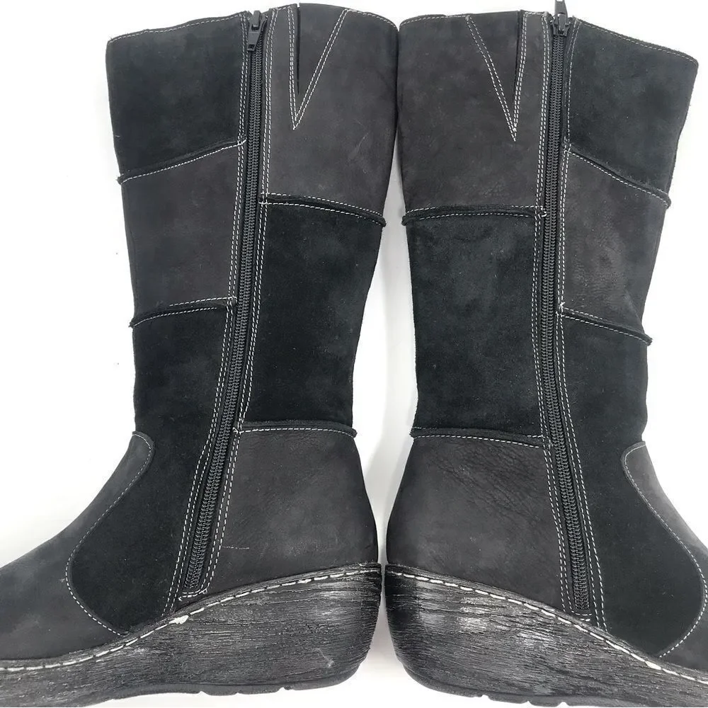B.O.C. Black Suede Leather Patchwork Side Zip Wedge Heel Tall Boots